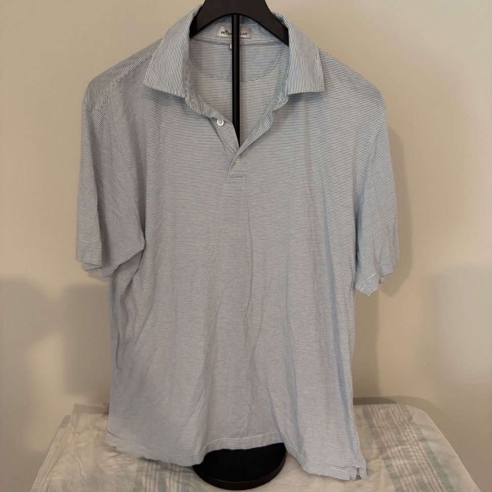 Peter Millar Mens Blue White Micro Stripe Short Sleeve Polo Shirt Size M